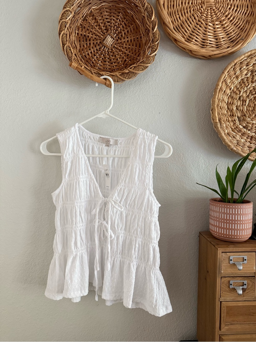 LOFT White Sleeveless Tie-Front Tiered Camisole